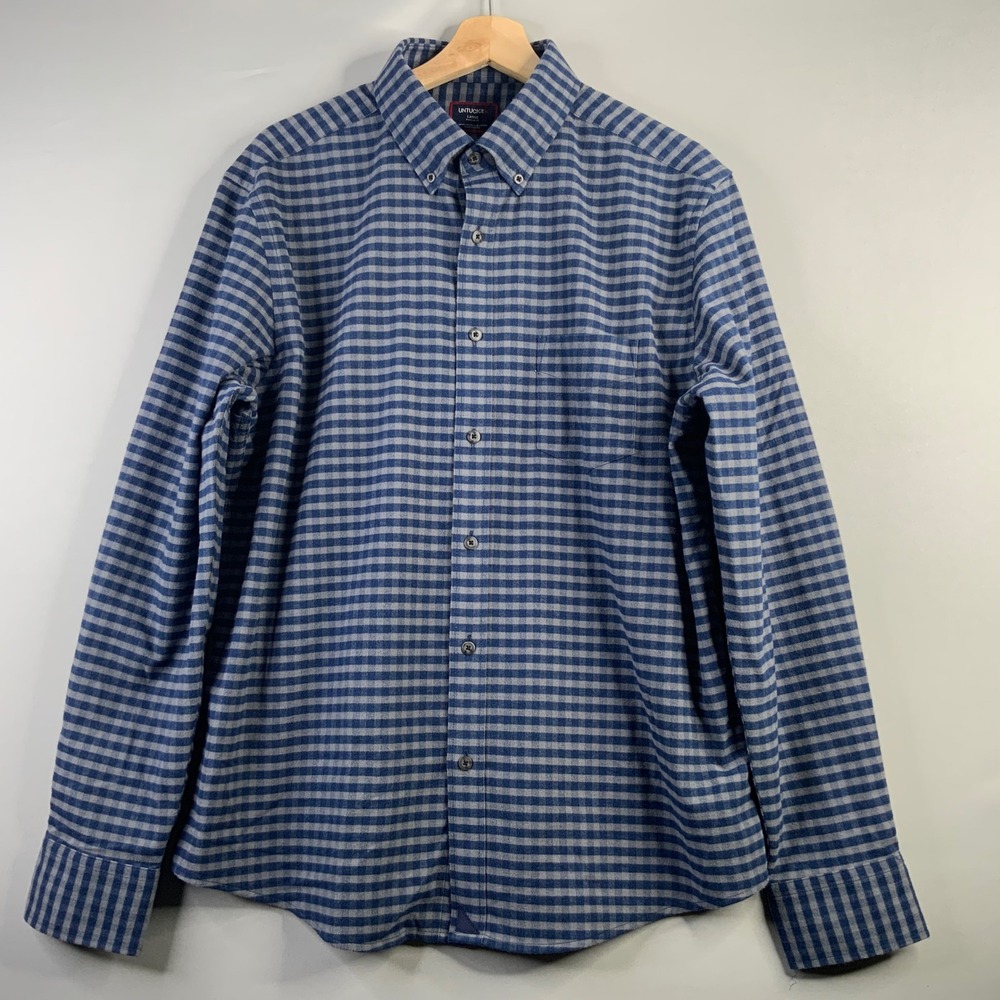 UNTUCKit Mens Regular Fit Gingham Button‎ Down Shirt Blue Grey Large Performance